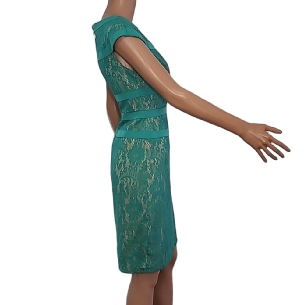 Adrianna Papell Cap Sleeve Lace-Like Overlay Sheath Dress Green & beige Size 4 S - Picture 6 of 11